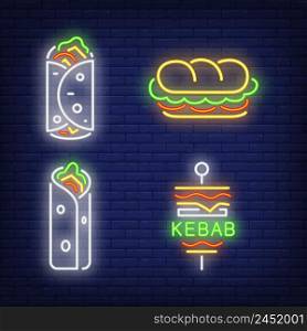 Doner kebab and shawarma neon signs set. Snack, meal, food design. Night bright neon sign, colorful billboard, light banner. Vector illustration in neon style.