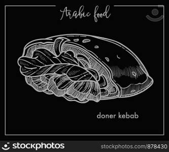 Doner kebab in unusual shape from Arabic food. Pita bread stuffed with grilled poultry, fresh vegetables and lettuce leaves isolated cartoon monochrome flat vector illustration. Doner kebab in unusual shape from Arabic food.