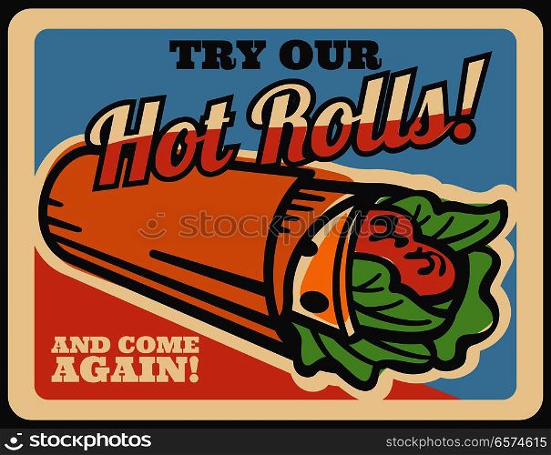 Doner kebab retro poster of turkish fast food meat roll. Grilled chicken and fresh vegetable wrapped in flatbread, sandwich or shawarma vintage banner for kebab shop or fastfood restaurant design. Kebab, shawarma retro poster of turkish fast food