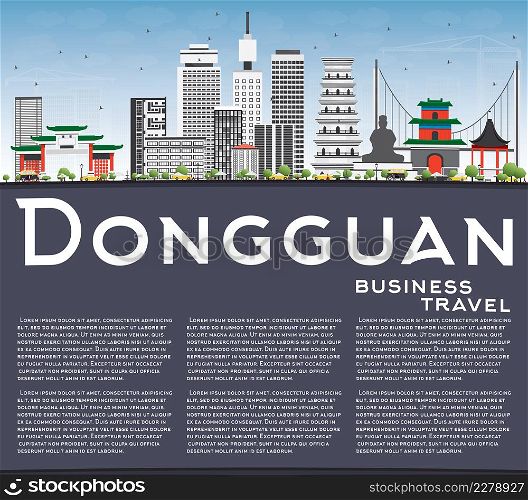 Dongguan Skyline with Gray Buildings, Blue Sky and Copy Space. Vector Illustration. Business Travel and Tourism Concept with Modern Buildings. Image for Presentation Banner Placard and Web Site.