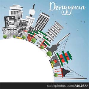 Dongguan Skyline with Gray Buildings, Blue Sky and Copy Space. Vector Illustration. Business Travel and Tourism Concept with Modern Architecture. Image for Presentation Banner Placard and Web Site.