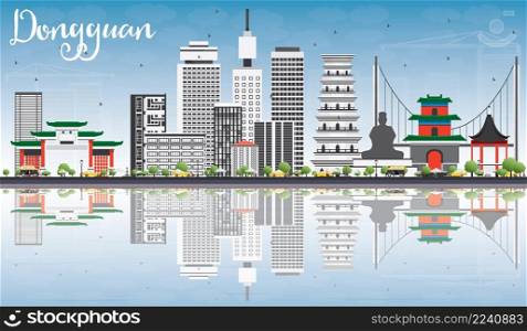 Dongguan Skyline with Gray Buildings, Blue Sky and Reflections. Vector Illustration. Business Travel and Tourism Concept with Modern Buildings. Image for Presentation Banner Placard and Web Site.