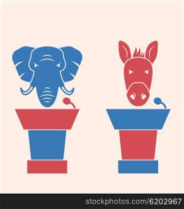 Donkey and Elephant as a Orators Symbols Vote of USA. Illustration Concept of Debate Republicans and Democrats. Donkey and Elephant as a Orators Symbols Vote of USA. Retro Style Design - Vector
