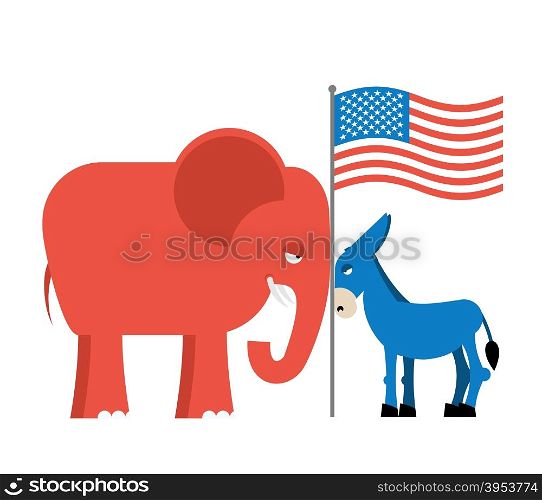 Donkey and elephant symbols of political parties in America. USA elections. Democrats against Republicans. Opposition to American policy.