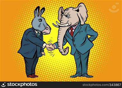 donkey shakes elephant hand. Democrats Republicans. Comic cartoon pop art vector retro vintage drawing. donkey shakes elephant hand. Democrats Republicans
