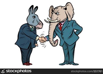 donkey shakes elephant hand. Democrats Republicans. isolate on white background Comic cartoon pop art vector retro vintage drawing. donkey shakes elephant hand. Democrats Republicans isolate on white background