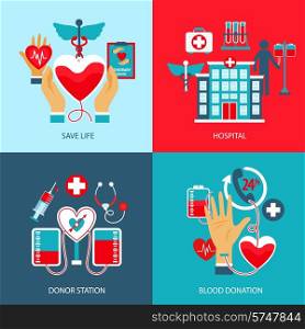 Donor design concept set with life save hospital blood station donation flat icons isolated vector illustration