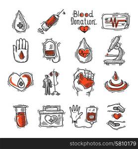 Donor Icon Set. Donor sketch decorative icon set with blood drop syringe and heart rate isolated vector illustration