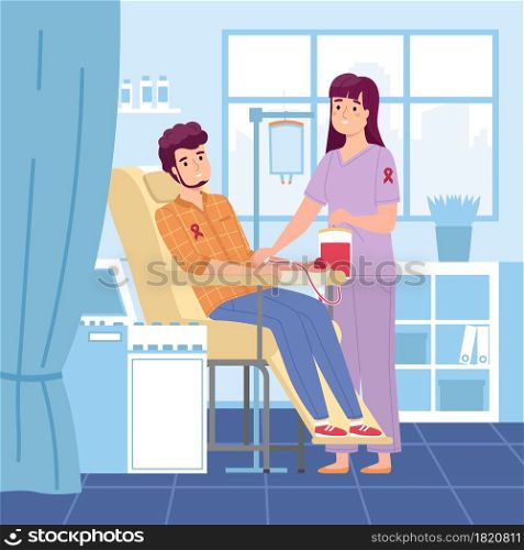 Donor room. Donation clinic, nurse takes blood from man sitting in specialized chair in medical office interior, hospital transfusion, volunteer help. Health care charity concept, vector illustration. Donor room. Donation clinic, nurse takes blood from man sitting in specialized chair in medical office interior, volunteer help. Health care charity concept, vector illustration