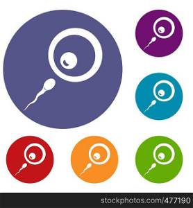 Donor sperm icons set in flat circle red, blue and green color for web. Donor sperm icons set