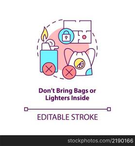 Dont bring bags and lighters inside concept icon. Escape room precaution abstract idea thin line illustration. Isolated outline drawing. Editable stroke. Arial, Myriad Pro-Bold fonts used. Dont bring bags and lighters inside concept icon