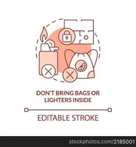 Dont bring bags and lighters inside terracotta concept icon. Forbidden items abstract idea thin line illustration. Isolated outline drawing. Editable stroke. Arial, Myriad Pro-Bold fonts used. Dont bring bags and lighters inside terracotta concept icon