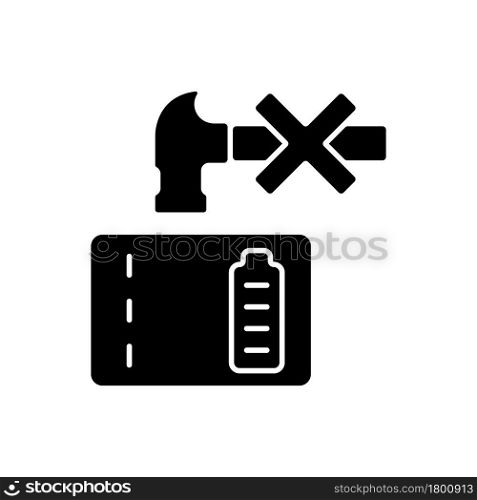 Dont crush powerbank black glyph manual label icon. Decreasing battery life. Inadequate battery disposal. Silhouette symbol on white space. Vector isolated illustration for product use instructions. Dont crush powerbank black glyph manual label icon