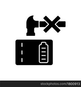 Dont crush powerbank black glyph manual label icon. Decreasing battery life. Inadequate battery disposal. Silhouette symbol on white space. Vector isolated illustration for product use instructions. Dont crush powerbank black glyph manual label icon
