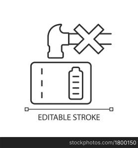 Dont crush powerbank linear manual label icon. Inadequate disposal. Thin line customizable illustration. Contour symbol. Vector isolated outline drawing for product use instructions. Editable stroke. Dont crush powerbank linear manual label icon