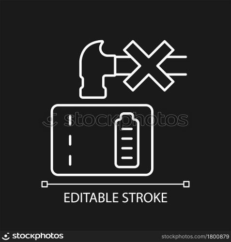 Dont crush powerbank white linear manual label icon for dark theme. Thin line customizable illustration. Isolated vector contour symbol for night mode for product use instructions. Editable stroke. Dont crush powerbank white linear manual label icon for dark theme