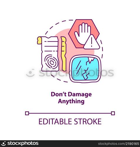 Dont damage anything concept icon. Escape room rule abstract idea thin line illustration. Avoiding property breakage. Isolated outline drawing. Editable stroke. Arial, Myriad Pro-Bold fonts used. Dont damage anything concept icon