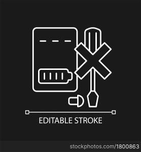 Dont disassemble charger white linear manual label icon for dark theme. Thin line customizable illustration. Isolated vector contour symbol for night mode for product use instructions. Editable stroke. Dont disassemble charger white linear manual label icon for dark theme