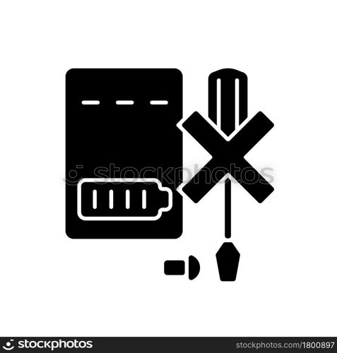 Dont disassemble powerbank black glyph manual label icon. Do not dismantle battery pack. No self-repair. Silhouette symbol on white space. Vector isolated illustration for product use instructions. Dont disassemble powerbank black glyph manual label icon