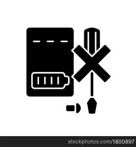 Dont disassemble powerbank black glyph manual label icon. Do not dismantle battery pack. No self-repair. Silhouette symbol on white space. Vector isolated illustration for product use instructions. Dont disassemble powerbank black glyph manual label icon