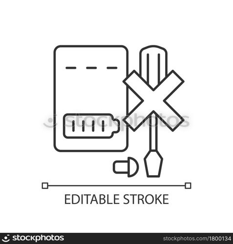 Dont disassemble powerbank linear manual label icon. Dont dismantle. Thin line customizable illustration. Contour symbol. Vector isolated outline drawing for product use instructions. Editable stroke. Dont disassemble powerbank linear manual label icon