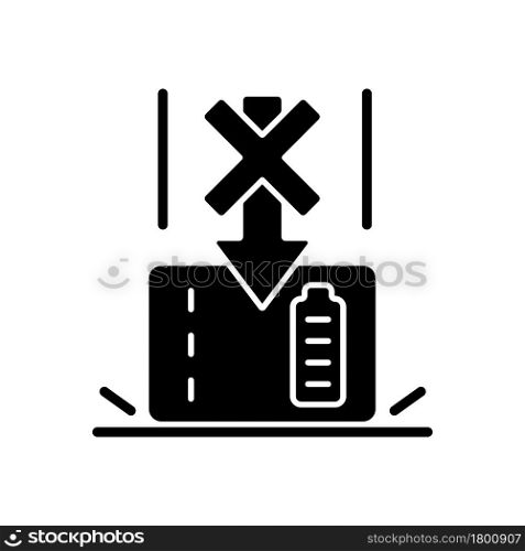 Dont drop powerbank black glyph manual label icon. Fragile components damage. Affecting internal circuitry. Silhouette symbol on white space. Vector isolated illustration for product use instructions. Dont drop powerbank black glyph manual label icon