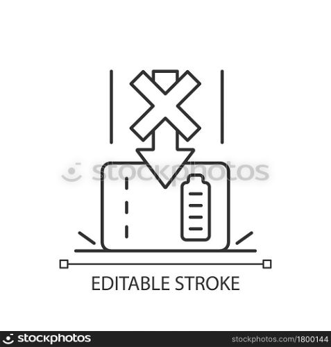 Dont drop powerbank linear manual label icon. Fragile content damage. Thin line customizable illustration. Contour symbol. Vector isolated outline drawing for product use instructions. Editable stroke. Dont drop powerbank linear manual label icon