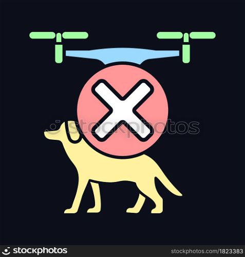 Dont fly above animals RGB color manual label icon for dark theme. Isolated vector illustration on night mode background. Simple filled line drawing on black for product use instructions. Dont fly above animals RGB color manual label icon for dark theme