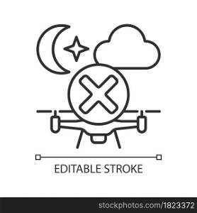 Dont fly drone at night linear manual label icon. Nighttime hazard. Thin line customizable illustration. Contour symbol. Vector isolated outline drawing for product use instructions. Editable stroke. Dont fly drone at night linear manual label icon
