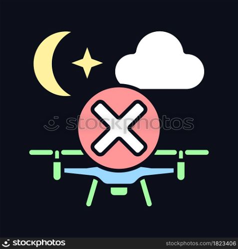 Dont fly drone at night RGB color manual label icon for dark theme. Isolated vector illustration on night mode background. Simple filled line drawing on black for product use instructions. Dont fly drone at night RGB color manual label icon for dark theme