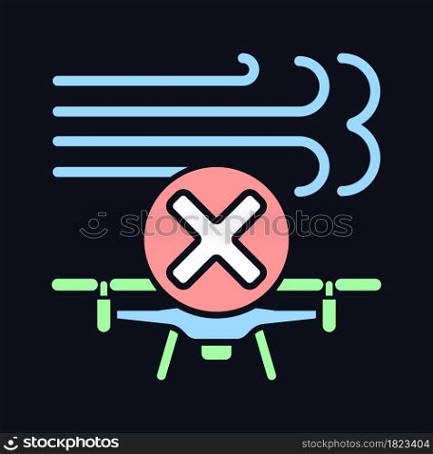 Dont fly in strong winds RGB color manual label icon for dark theme. Isolated vector illustration on night mode background. Simple filled line drawing on black for product use instructions. Dont fly in strong winds RGB color manual label icon for dark theme
