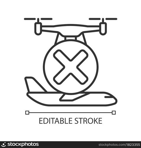 Dont fly near aircrafts linear manual label icon. Avoiding airports. Thin line customizable illustration. Contour symbol. Vector isolated outline drawing for product use instructions. Editable stroke. Dont fly near aircrafts linear manual label icon