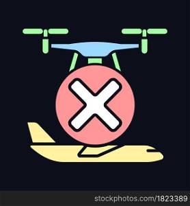 Dont fly near aircrafts RGB color manual label icon for dark theme. Isolated vector illustration on night mode background. Simple filled line drawing on black for product use instructions. Dont fly near aircrafts RGB color manual label icon for dark theme