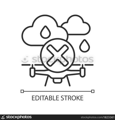 Dont fly when heavy rain linear manual label icon. Moisture exposure. Thin line customizable illustration. Contour symbol. Vector isolated outline drawing for product use instructions. Editable stroke. Dont fly when heavy rain linear manual label icon