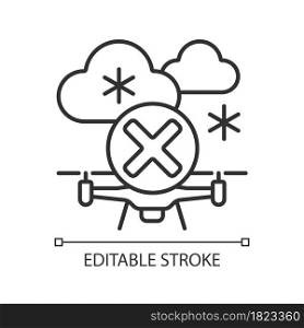Dont fly when heavy snow linear manual label icon. Ice accumulation. Thin line customizable illustration. Contour symbol. Vector isolated outline drawing for product use instructions. Editable stroke. Dont fly when heavy snow linear manual label icon