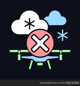 Dont fly when heavy snow RGB color manual label icon for dark theme. Isolated vector illustration on night mode background. Simple filled line drawing on black for product use instructions. Dont fly when heavy snow RGB color manual label icon for dark theme