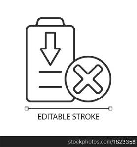 Dont fully drain batteries linear manual label icon. Damage risk. Thin line customizable illustration. Contour symbol. Vector isolated outline drawing for product use instructions. Editable stroke. Dont fully drain batteries linear manual label icon