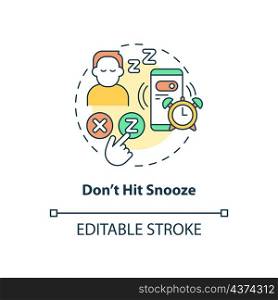 Dont hit snooze concept icon. Get up early morning. Healthy life abstract idea thin line illustration. Isolated outline drawing. Editable stroke. Roboto-Medium, Myriad Pro-Bold fonts used. Dont hit snooze concept icon
