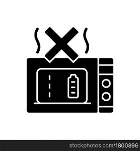 Dont microwave powerbank black glyph manual label icon. Exposure to extreme temperature. Damage to unit. Silhouette symbol on white space. Vector isolated illustration for product use instructions. Dont microwave powerbank black glyph manual label icon