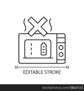 Dont microwave powerbank linear manual label icon. Damage to unit. Thin line customizable illustration. Contour symbol. Vector isolated outline drawing for product use instructions. Editable stroke. Dont microwave powerbank linear manual label icon