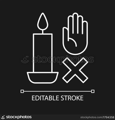 Dont move burning candle white linear manual label icon for dark theme. Thin line customizable illustration for product use instructions. Isolated vector contour symbol for night mode. Editable stroke. Dont move burning candle white linear manual label icon for dark theme