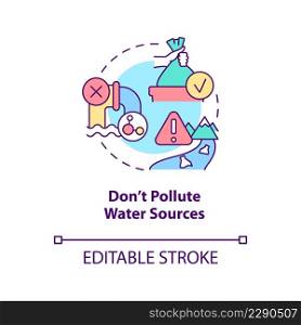 Dont pollute water sources concept icon. Improving water quality abstract idea thin line illustration. Hazardous waste. Isolated outline drawing. Editable stroke. Arial, Myriad Pro-Bold fonts used. Dont pollute water sources concept icon
