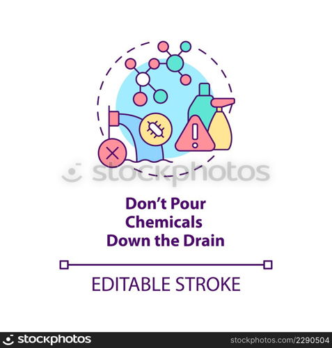 Dont pour chemicals down drain concept icon. Combat water contamination abstract idea thin line illustration. Isolated outline drawing. Editable stroke. Arial, Myriad Pro-Bold fonts used. Dont pour chemicals down drain concept icon