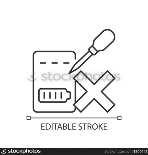 Dont puncture powerbank linear manual label icon. Hazard gas escape. Thin line customizable illustration. Contour symbol. Vector isolated outline drawing for product use instructions. Editable stroke. Dont puncture powerbank linear manual label icon