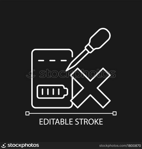 Dont puncture powerbank white linear manual label icon for dark theme. Thin line customizable illustration. Isolated vector contour symbol for night mode for product use instructions. Editable stroke. Dont puncture powerbank white linear manual label icon for dark theme
