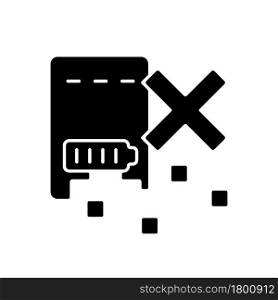 Dont shred powerbank black glyph manual label icon. Disposing correctly. Battery pack proper recycling. Silhouette symbol on white space. Vector isolated illustration for product use instructions. Dont shred powerbank black glyph manual label icon