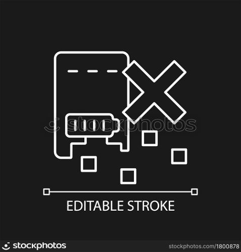 Dont shred powerbank white linear manual label icon for dark theme. Thin line customizable illustration. Isolated vector contour symbol for night mode for product use instructions. Editable stroke. Dont shred powerbank white linear manual label icon for dark theme