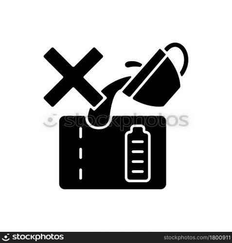 Dont spill on powerbank black glyph manual label icon. Mishandling device use. Short-circuiting risk. Silhouette symbol on white space. Vector isolated illustration for product use instructions. Dont spill on powerbank black glyph manual label icon