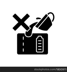 Dont spill on powerbank black glyph manual label icon. Mishandling device use. Short-circuiting risk. Silhouette symbol on white space. Vector isolated illustration for product use instructions. Dont spill on powerbank black glyph manual label icon