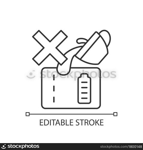 Dont spill on powerbank linear manual label icon. Mishandling use. Thin line customizable illustration. Contour symbol. Vector isolated outline drawing for product use instructions. Editable stroke. Dont spill on powerbank linear manual label icon